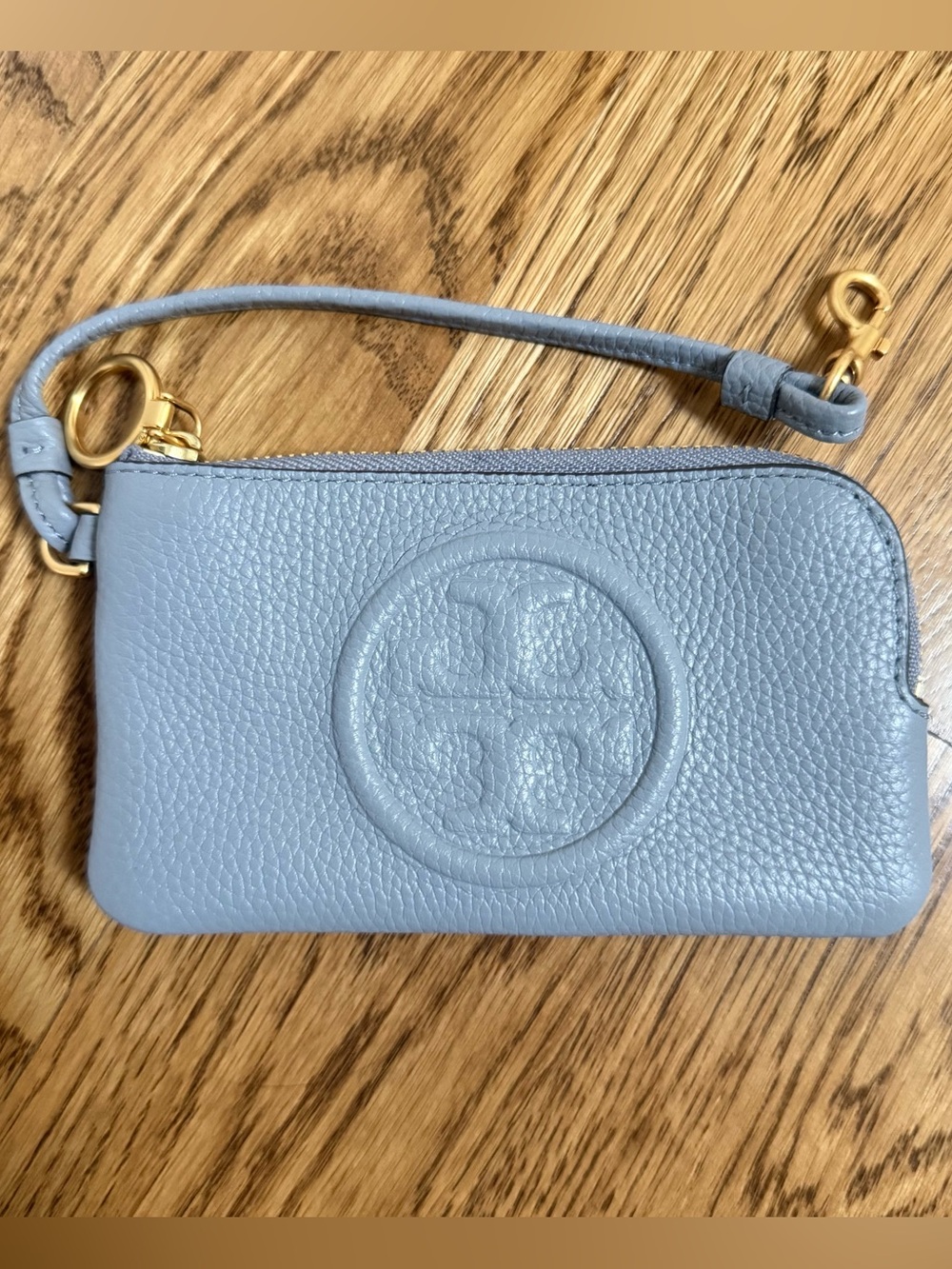 Tory Burch Dusty Blue Pebbled Leather Wristlet with Gold Hardware